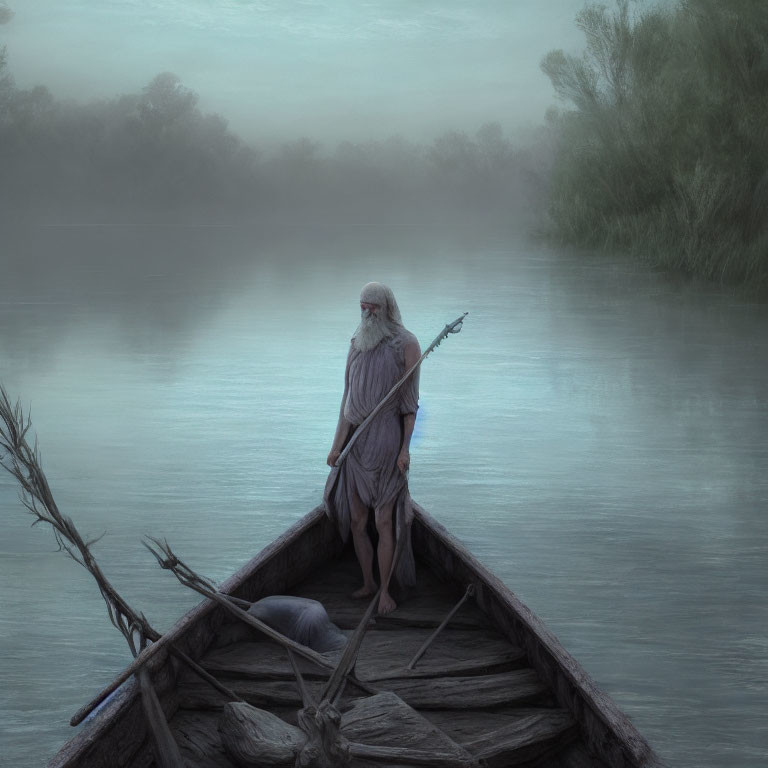 Elderly bearded man in robes on misty river boat