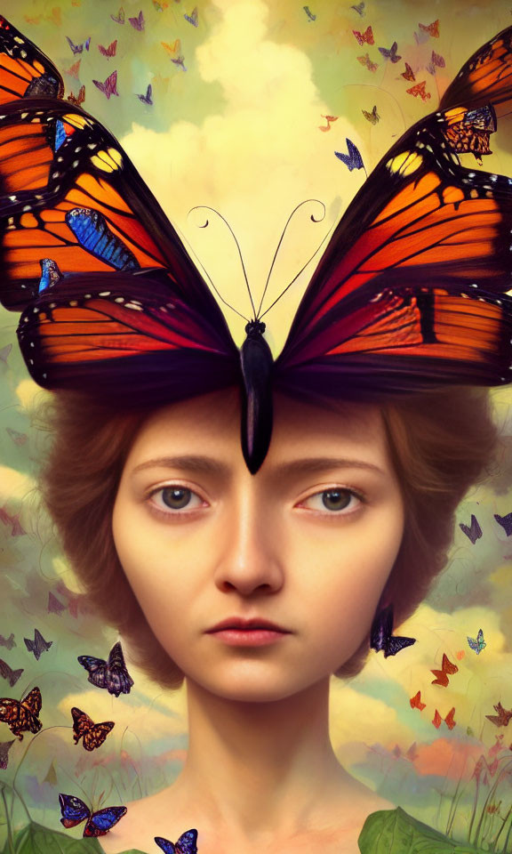 Person portrait with butterflies forming crown above eyebrows