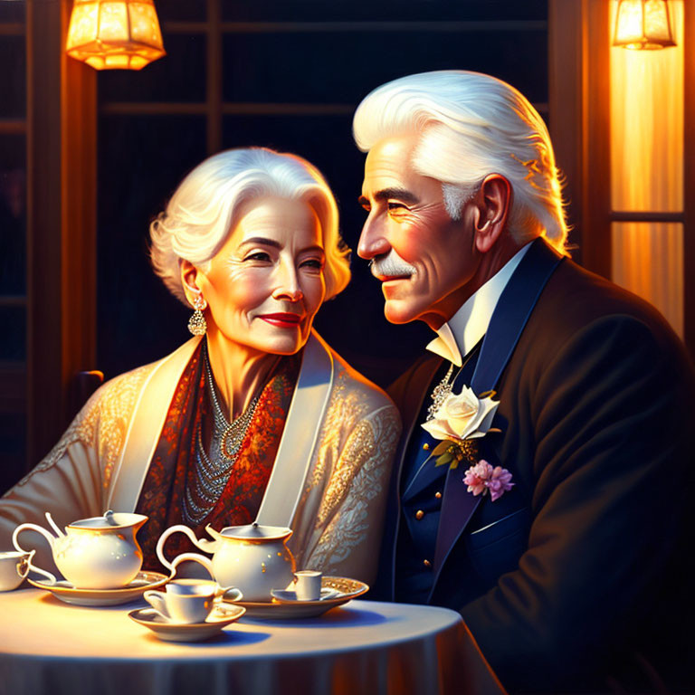 Elegant elderly couple enjoying tea at event in evening light