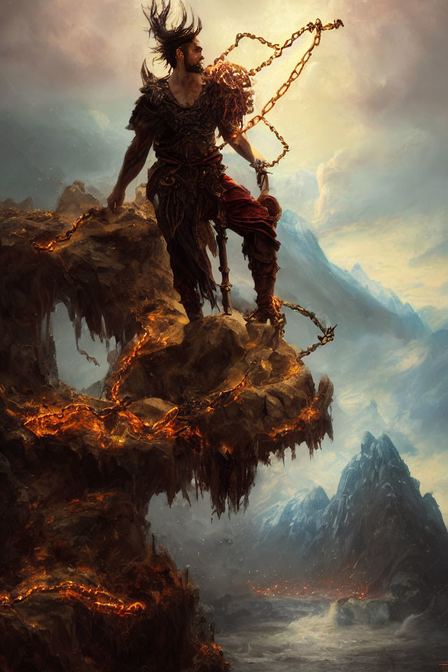 Majestic warrior on volcanic cliff with chains and fiery landscape