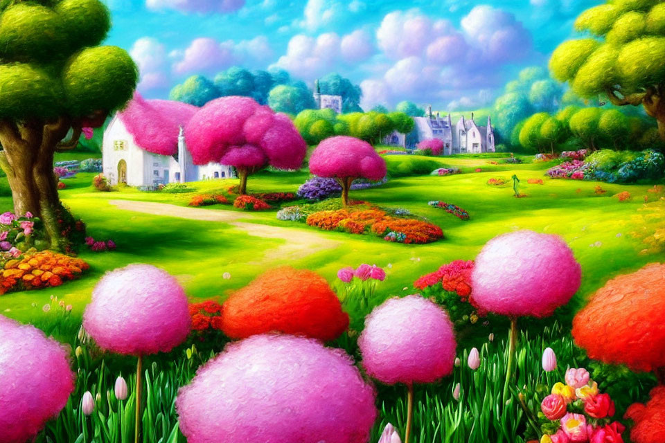 Whimsical landscape with pink trees, castle, greenery & flowers