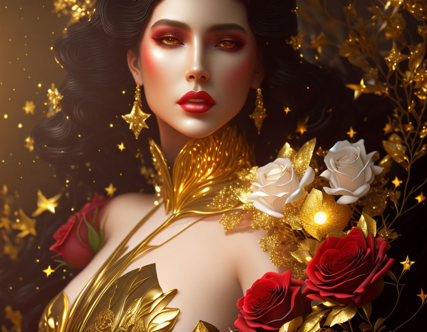 Luxurious woman portrait with striking makeup and golden leaves, stars, red roses