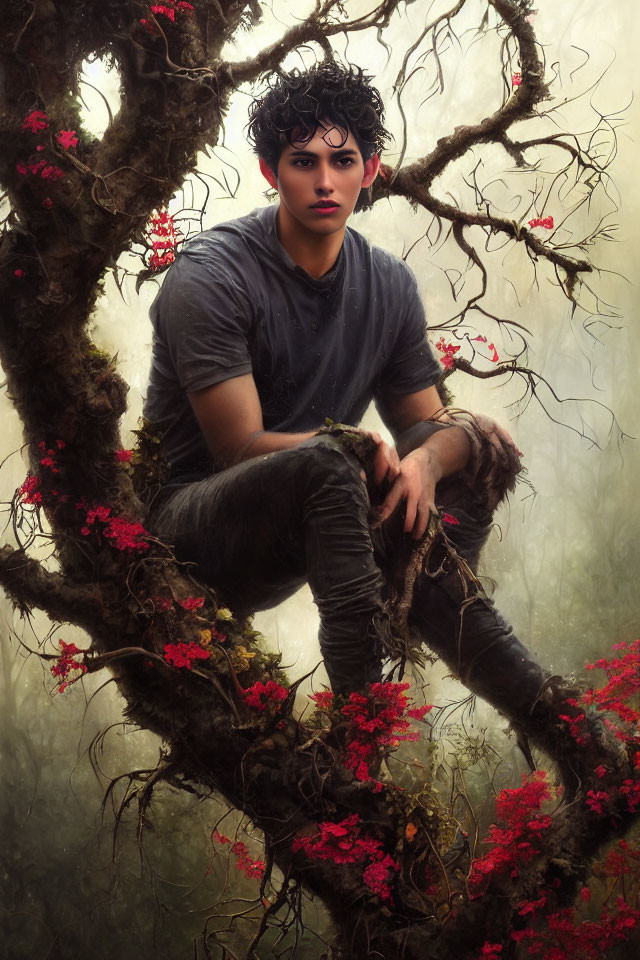 Dark-Haired Young Man Sitting on Tree Branch Amid Red Blossoms