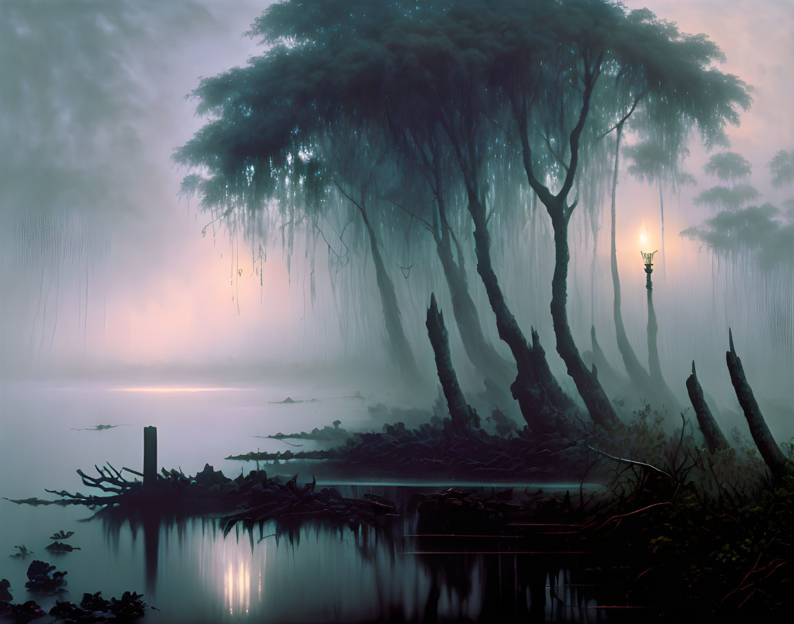 Foggy swamp with silhouetted trees and glowing lamp post reflected in water