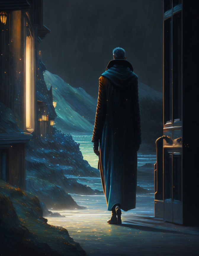 Cloaked figure in moonlit icy landscape with lantern-lit building