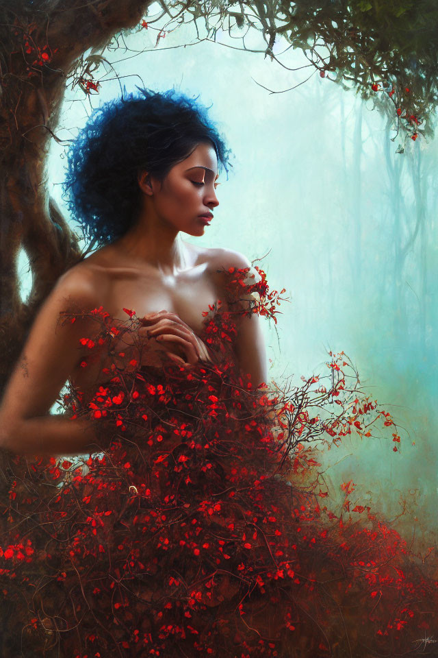 Blue-haired woman blending with a tree surrounded by red flowers in mystical forest.