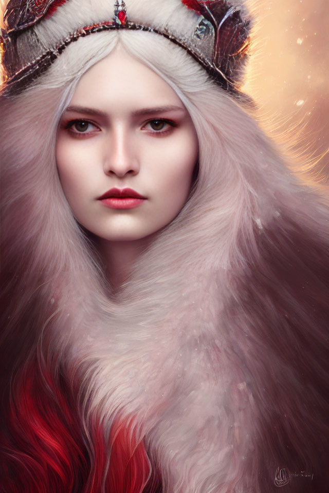 Portrait of Woman with Pale Skin, Red Lips, Fur Cloak, Crown against Warm Backdrop