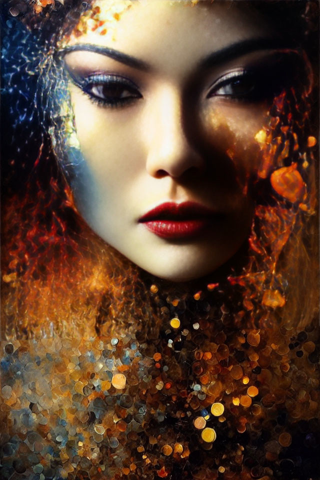 Close-Up Portrait of Woman with Striking Makeup and Glittering Effects