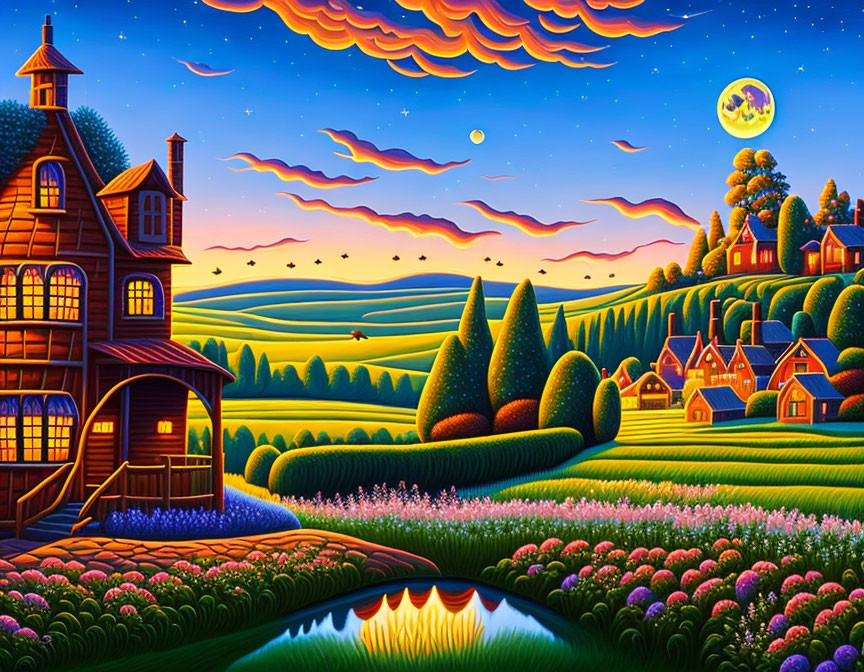 Colorful Dusk Landscape with Cottage, Hills, and Crescent Moon