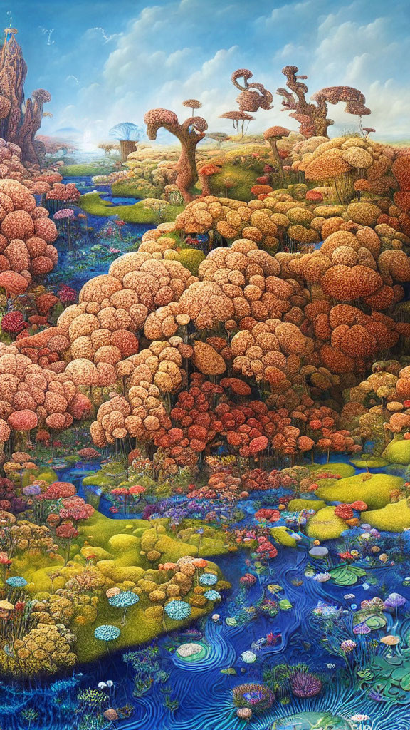 Colorful Vertical Landscape with Coral-Like Trees and Blue River