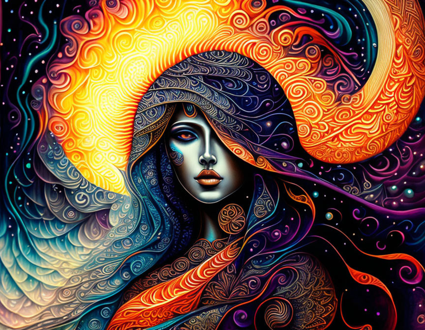 Colorful Psychedelic Woman Illustration with Cosmic Background