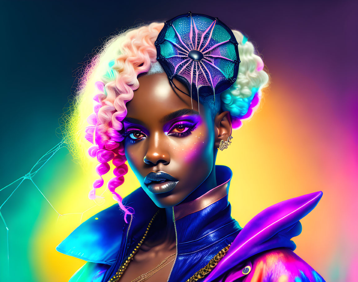 Colorful digital portrait of a woman with pastel curly hair and spider-web umbrella headpiece.