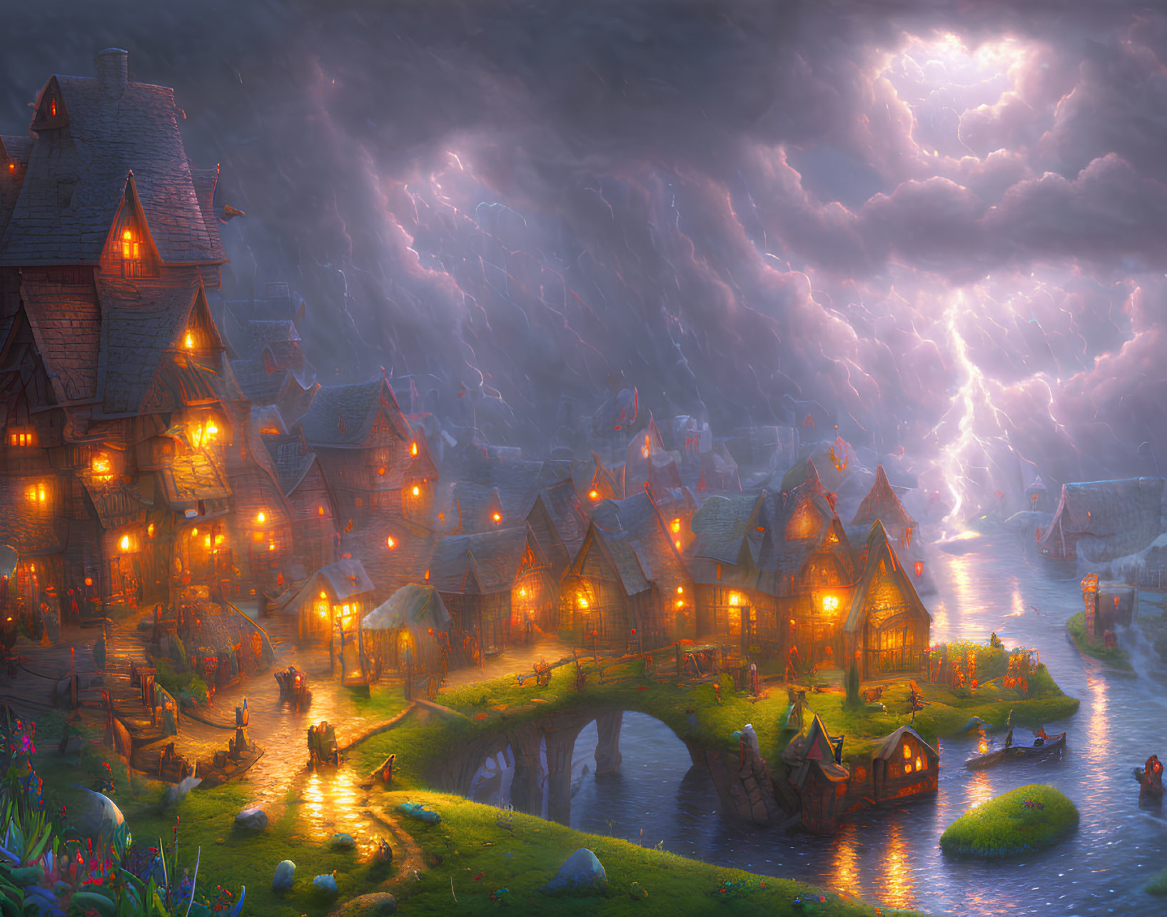 Medieval village at night during storm with cozy houses and stone bridge