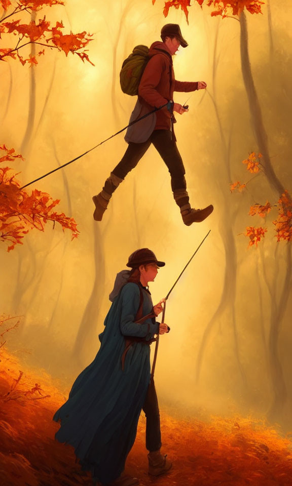 Hikers in autumn forest with slackline balancing