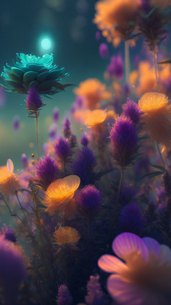 Ethereal garden scene with glowing purple, orange flowers & blue lotus