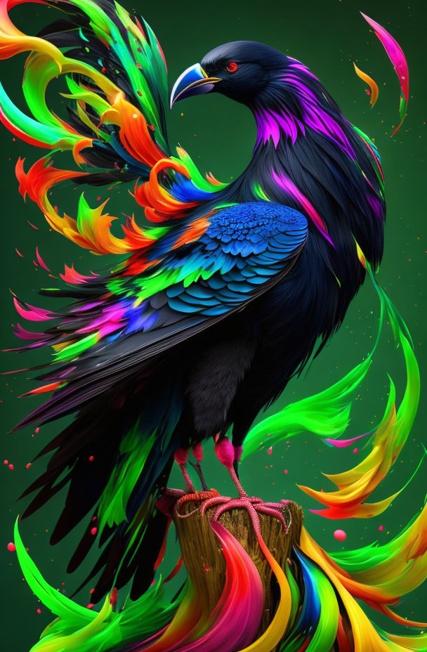 Colorful Bird Artwork on Branch Against Dark Green Background