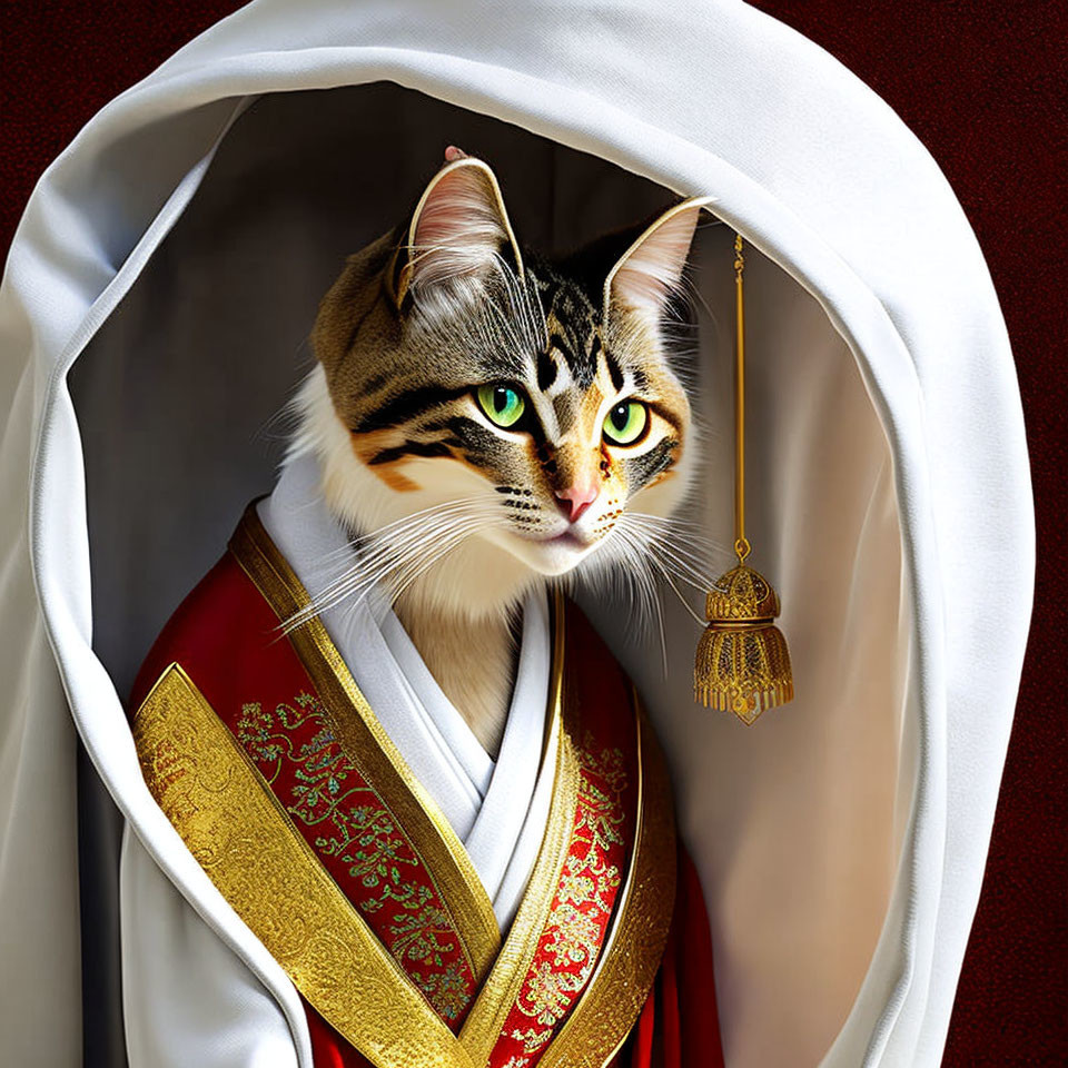 Green-eyed cat in red & gold robe with scepter - digital art