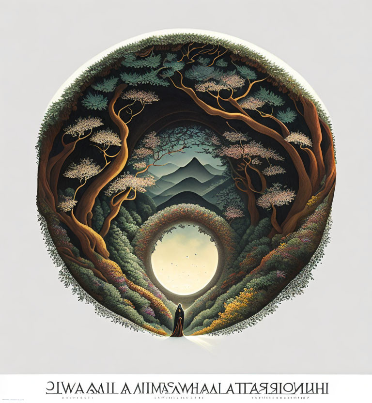 Circular Surreal Landscape Painting with Figure and Intricate Nature