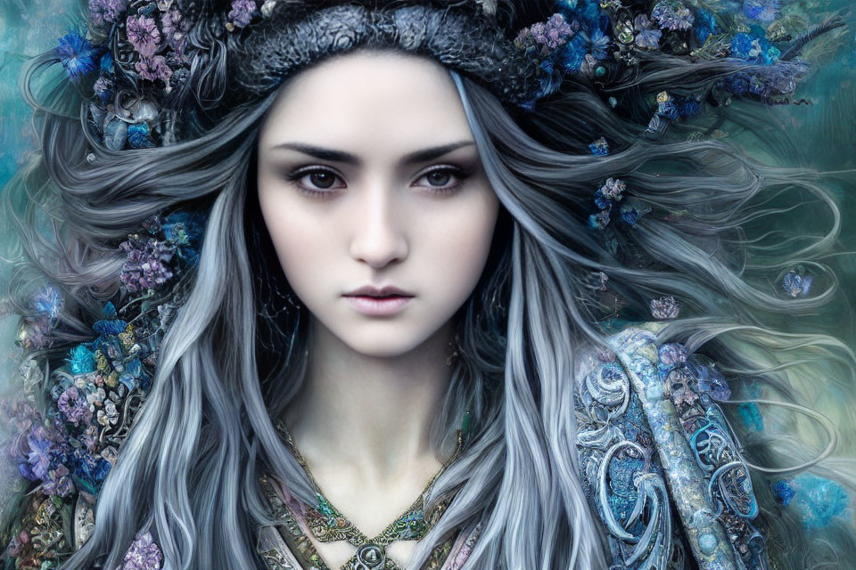 Mystical female figure with floral crown in fantastical setting