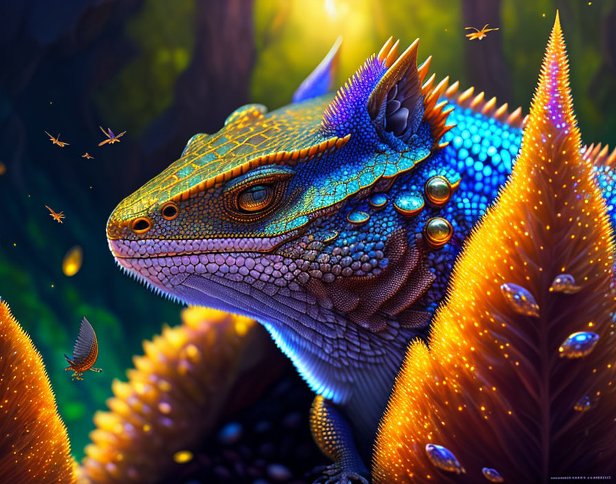 Colorful Digital Artwork: Fantastical Blue Lizard with Orange Frills