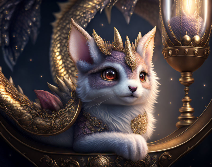 Fantasy cat with dragon wings, crown, armor, and lantern in starry setting