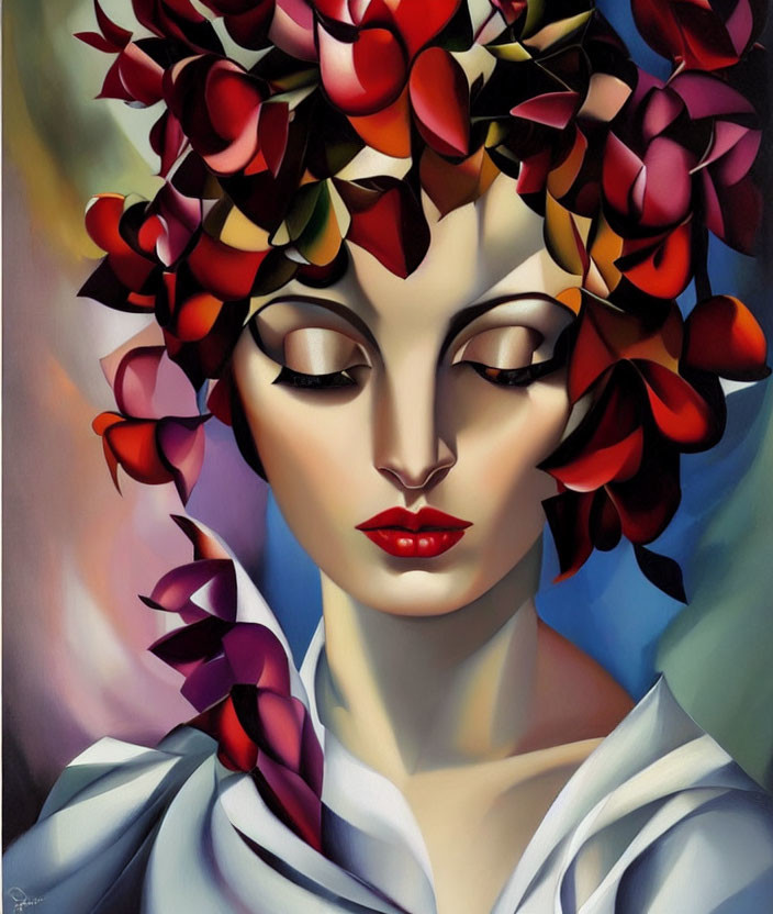 Stylized portrait of a woman with red and yellow leaf crown