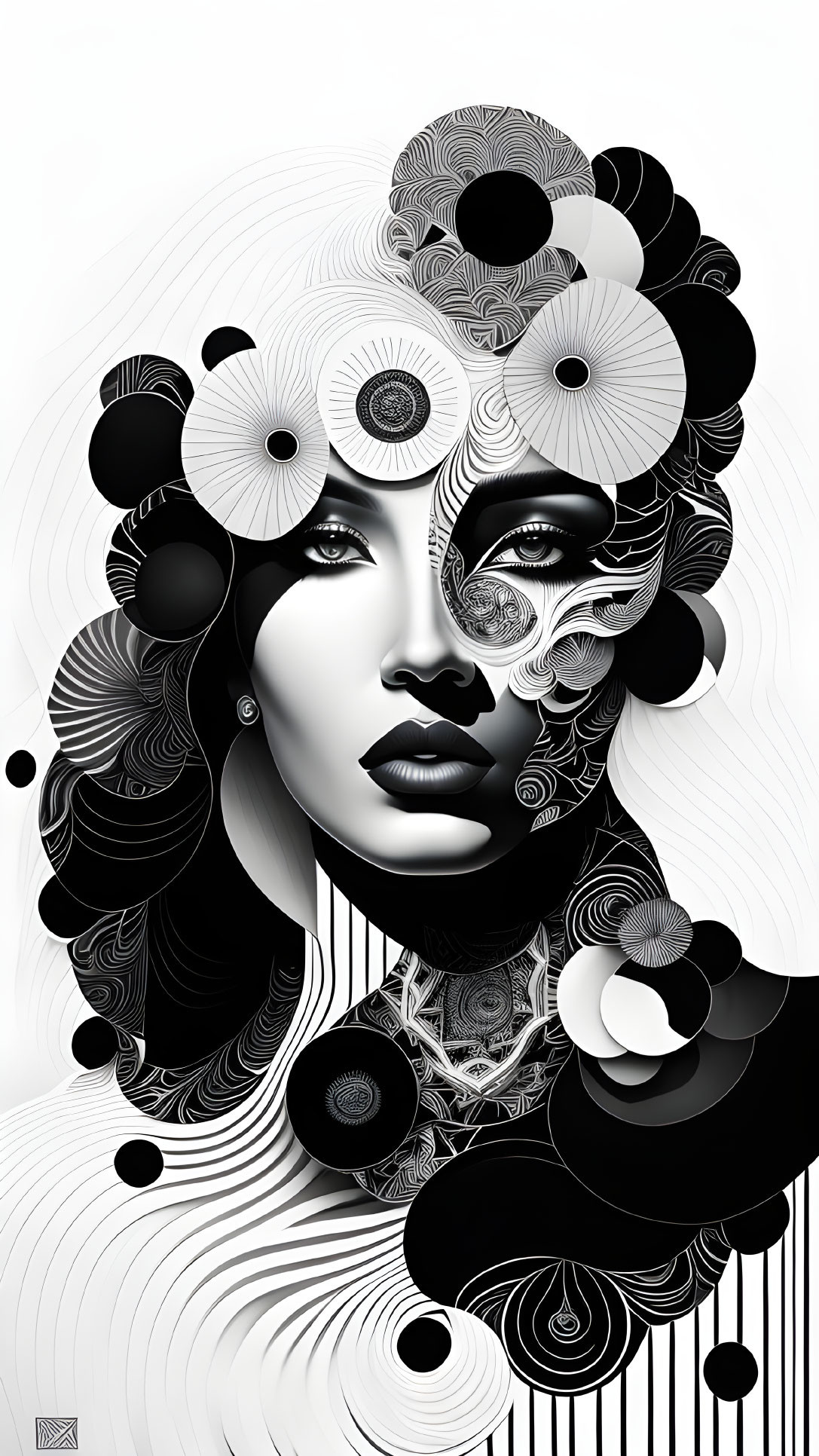 Monochromatic digital artwork: stylized woman's face with floral patterns