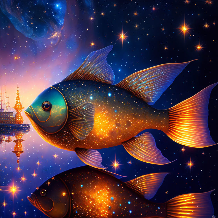 Vibrant fish swimming in cosmic sky with mystical structure