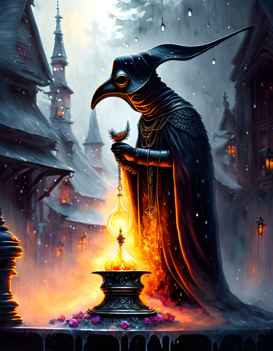 Plague doctor in traditional garb with lantern in fiery backdrop