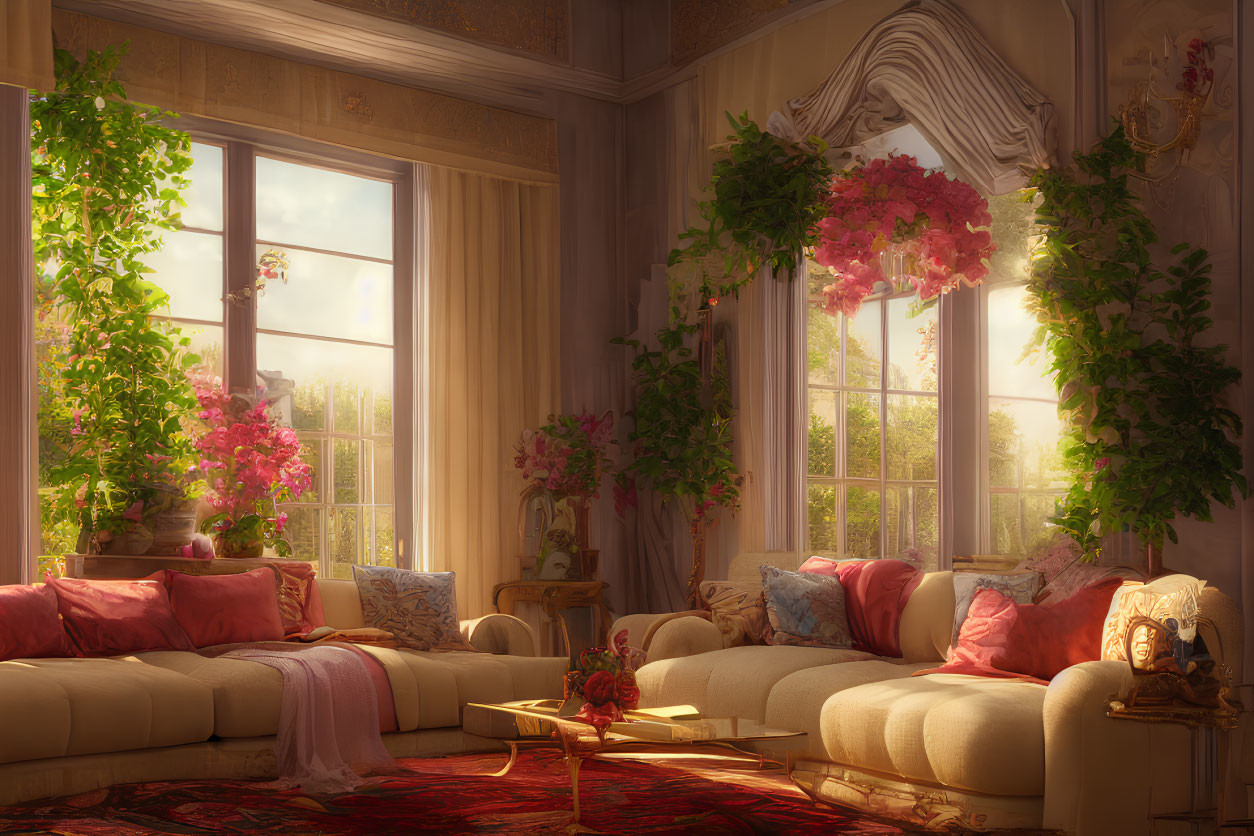 Vintage Room with Plush Sofas, Floral Drapes, and Blooming Pink Flowers