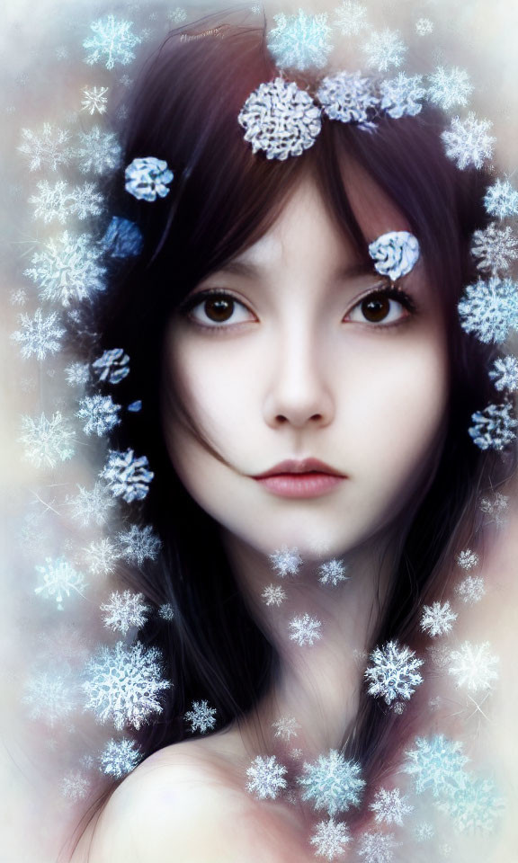 Portrait of Woman with Pale Skin and Dark Hair Adorned with Snowflake Designs