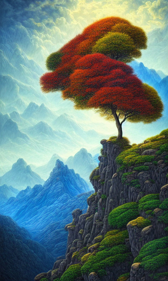 Solitary tree with red foliage on cliff overlooking misty blue mountains