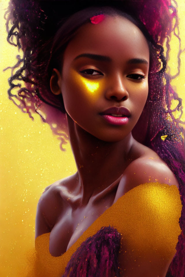 Portrait of woman with glowing yellow highlights against golden backdrop