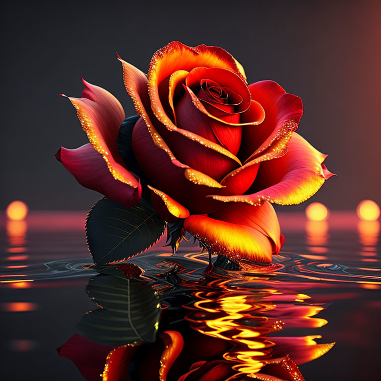 Red and Orange Glitter Rose Reflected on Water Surface