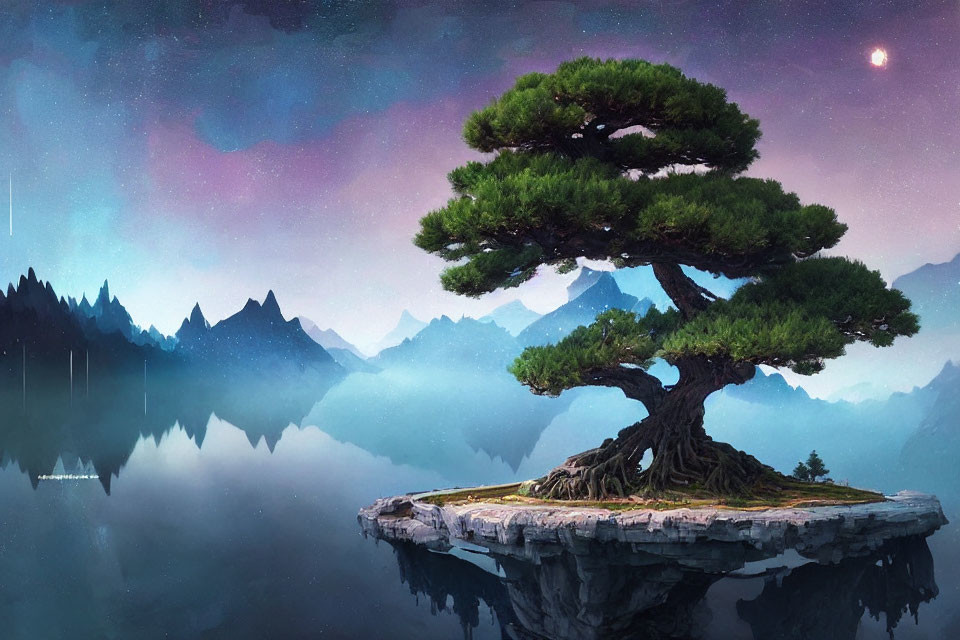 Tranquil landscape with bonsai tree on island, misty mountains, and starry sky reflected