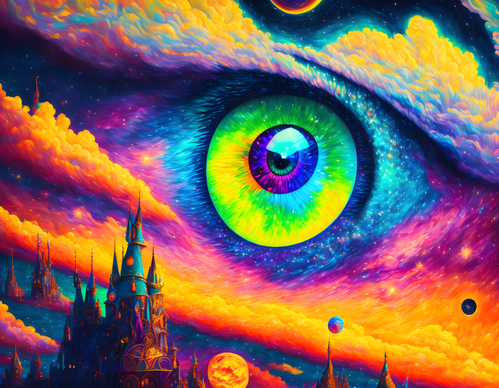 Surreal sky with giant eye, colorful clouds, castles, and celestial bodies