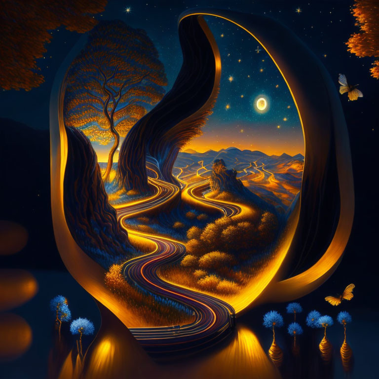 Surreal night landscape with tree, moon, stars, path, and butterflies