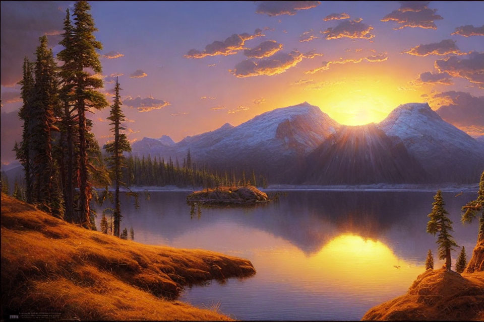 Tranquil sunset over mountain lake with snow-capped peaks and tall pines