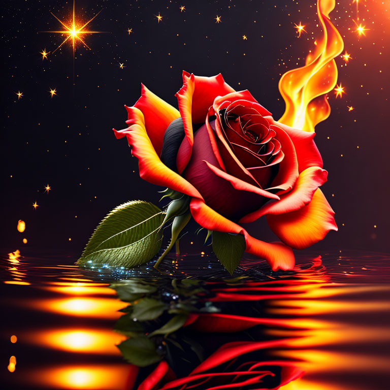 Colorful Rose with Fiery Trail and Sparkling Stars on Dark Water Surface