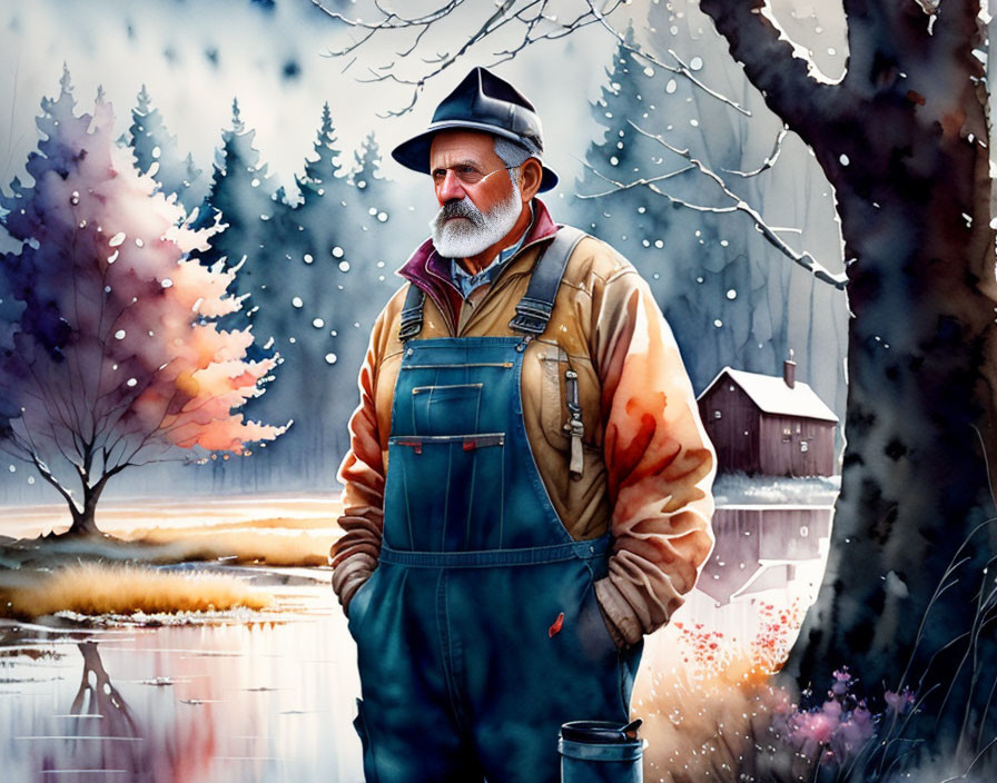 Elderly man in overalls by tree in serene landscape