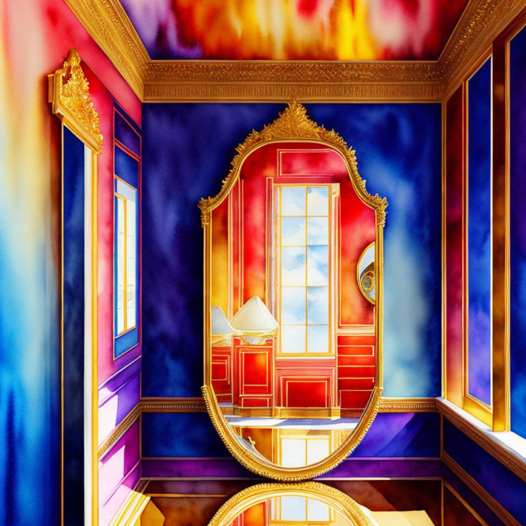 Colorful surreal room with golden-framed mirror, blue and purple walls, and fiery ceiling