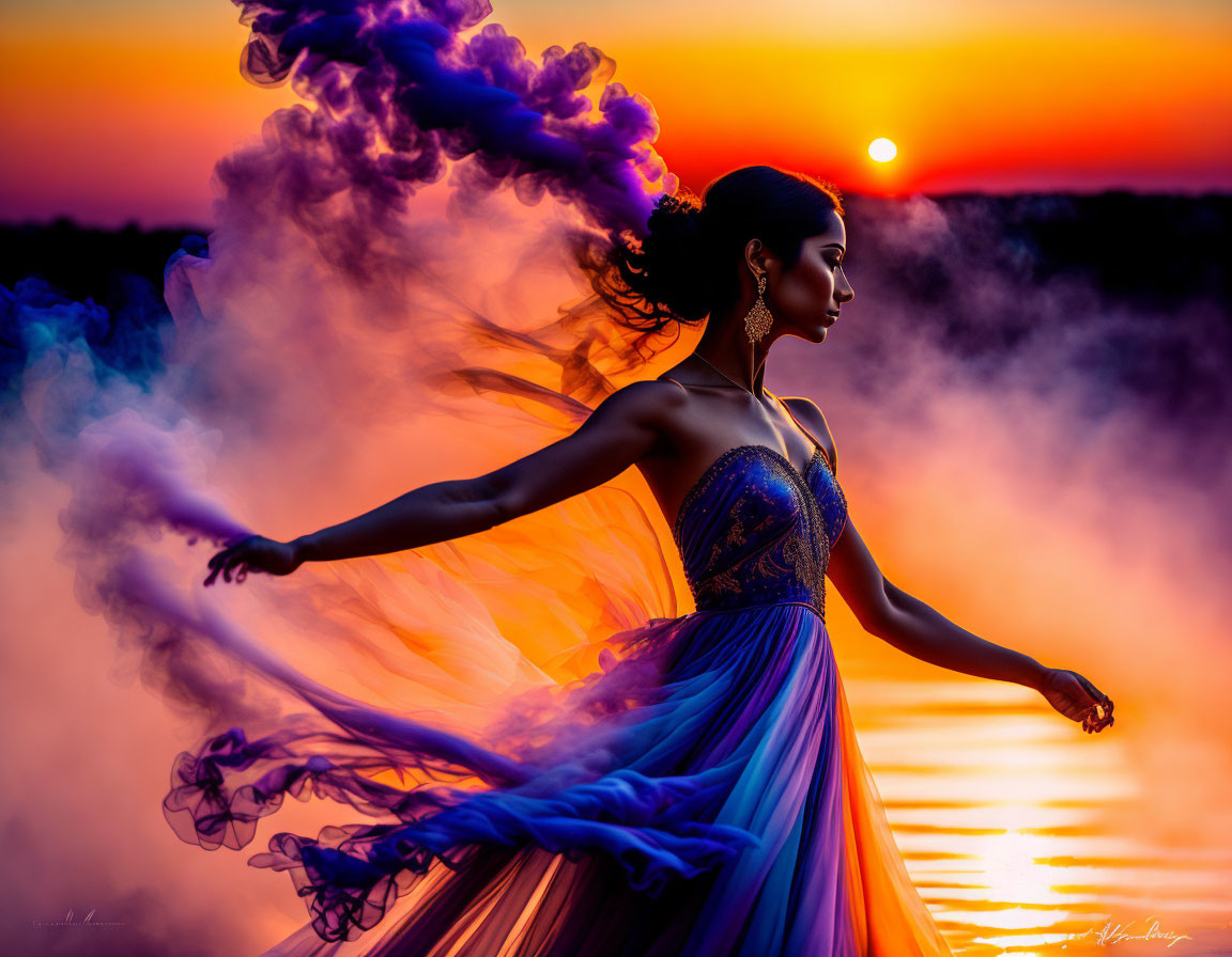 Woman in flowing dress by water at sunset with swirling purple smoke