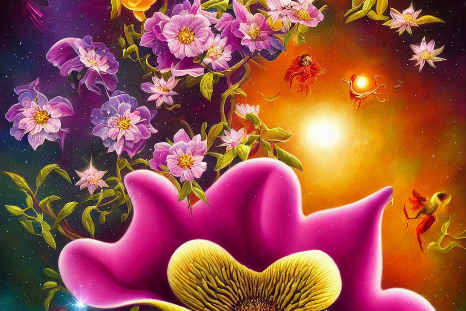 Colorful digital artwork of pink fantasy flower, whimsical creatures, and space backdrop