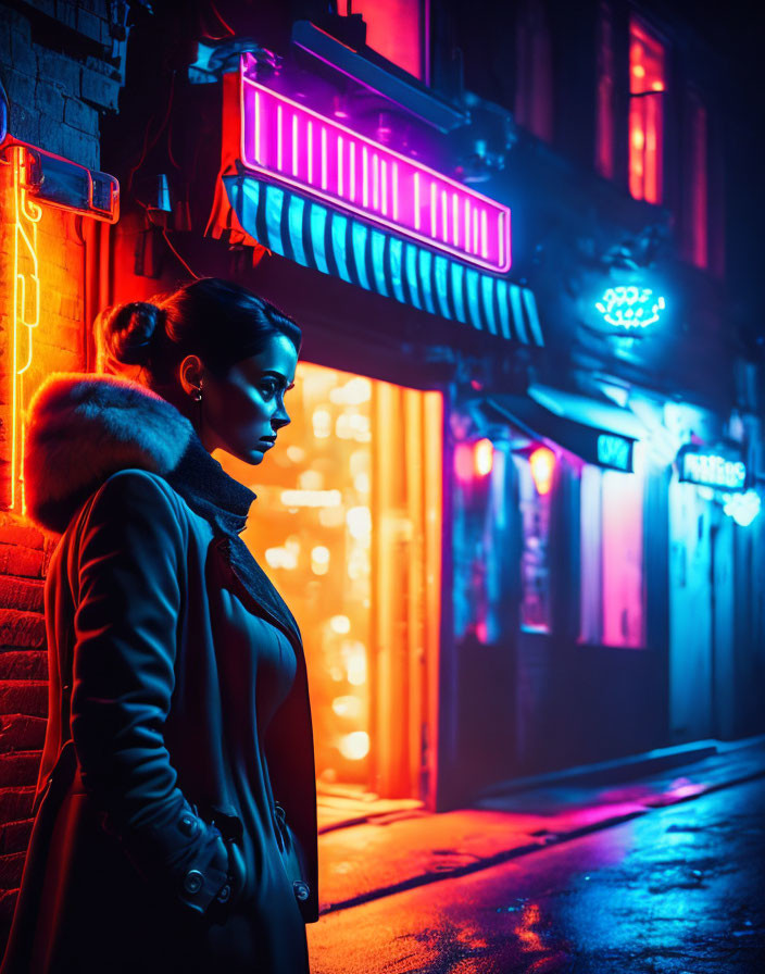 Woman in fur collar coat by neon-lit storefront at night