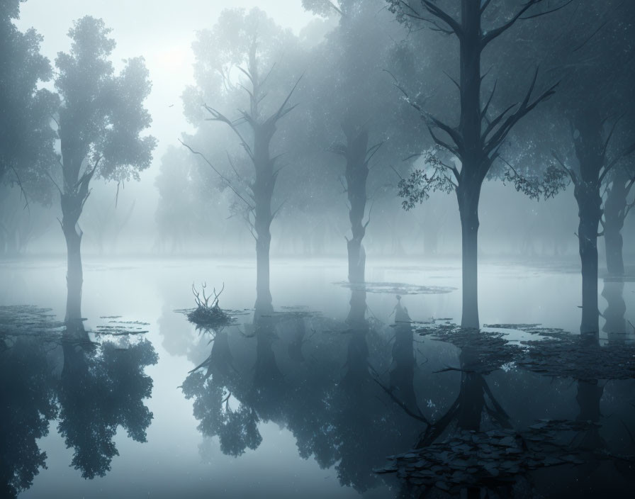 Misty landscape with reflective water and leafless trees