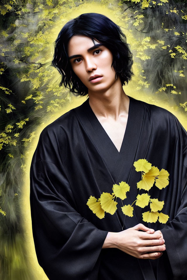 Dark-haired person in black robe with yellow leaf patterns against foliage backdrop