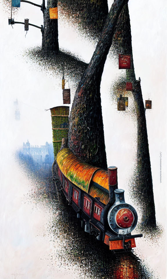 Colorful painting of train, lanterns, tree, castle silhouette