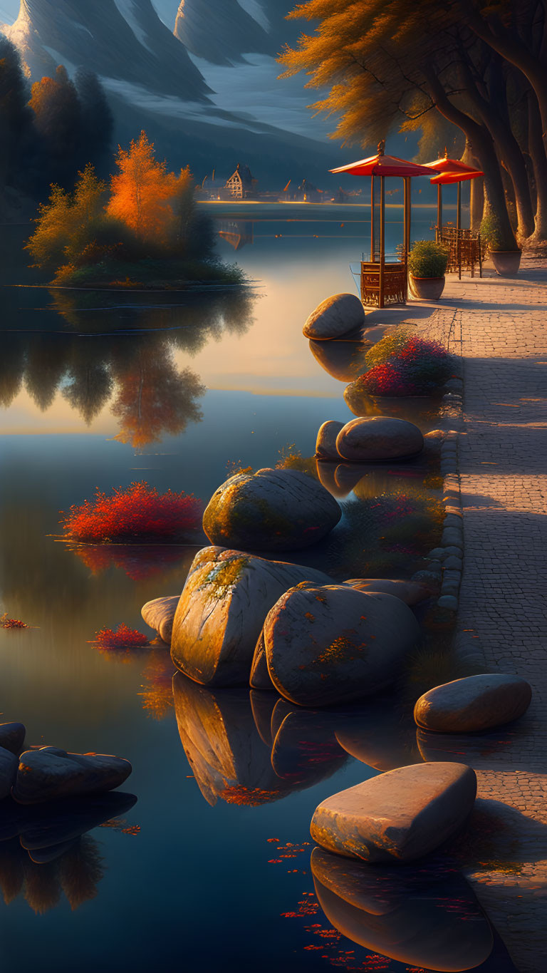 Tranquil lakeside twilight with stone path, autumn trees, gazebo, and mountain houses