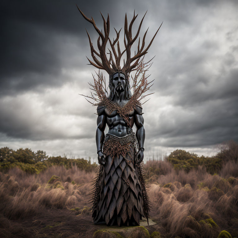 Elaborate Dark Fantasy Costume with Towering Antler Headdress in Barren Landscape