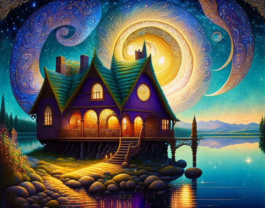 Whimsical cottage by tranquil lake under starry night sky